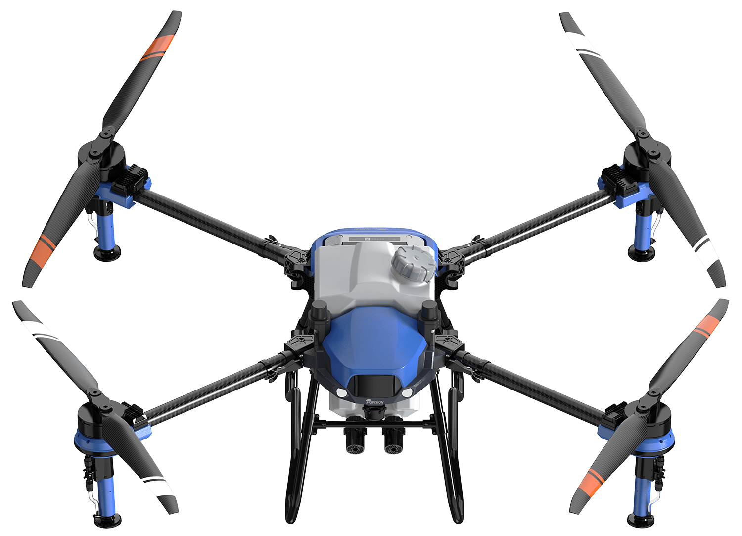 A blue and white drone with four propellers on a white background. A blue and white drone with four propellers on a white background.