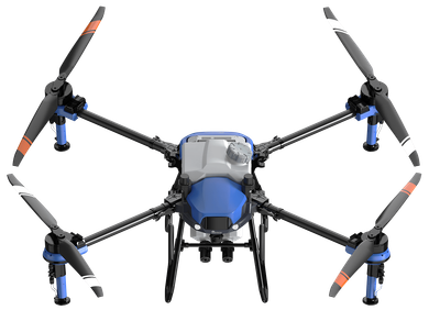 A blue and white drone with four propellers on a white background. A blue and white drone with four propellers on a white background.