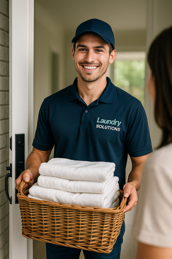 Man in navy uniform holding a basket of folded white laundry, smiling at a person in a doorway.
