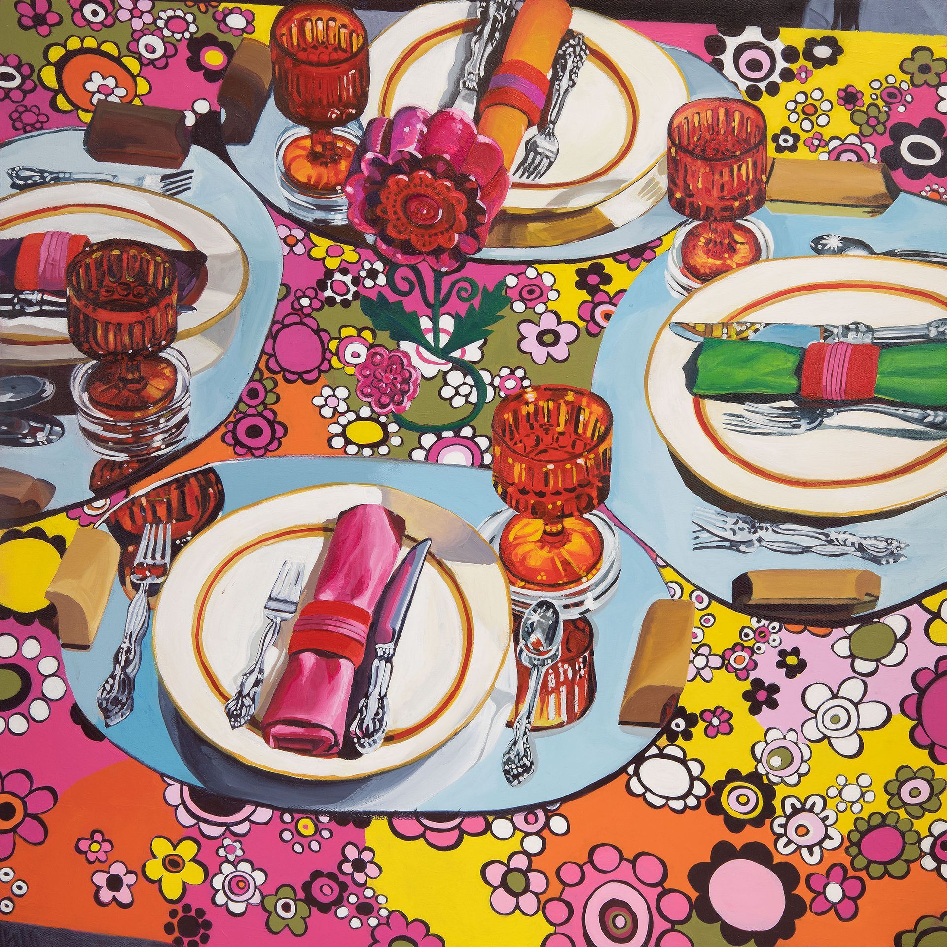A painting of plates and glasses on a table