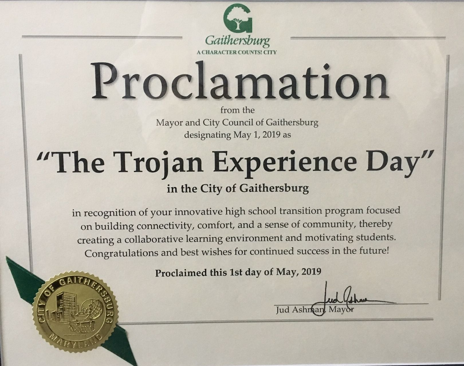 A proclamation for the trojan experience day in the city of gaithersburg