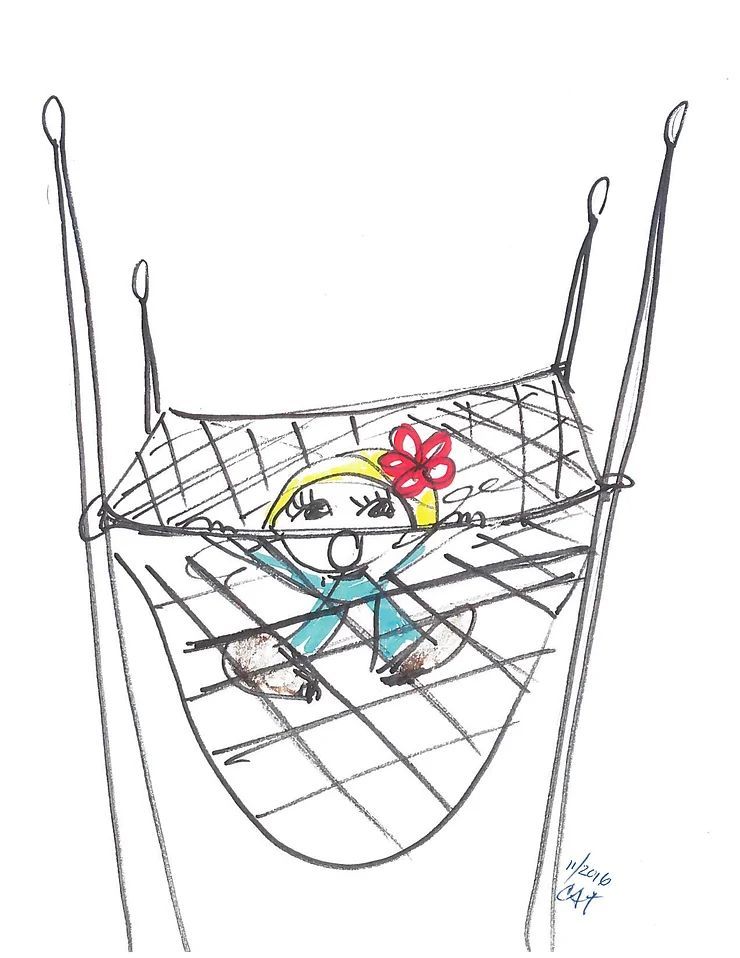 A drawing of a woman laying in a hammock.