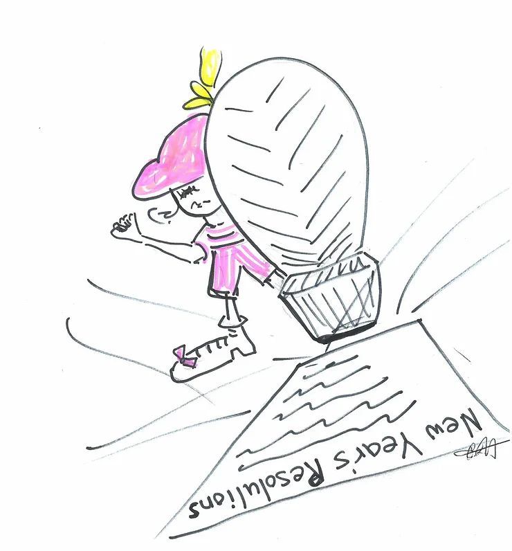 A drawing of a woman standing on a piece of paper that says new year 's resolutions