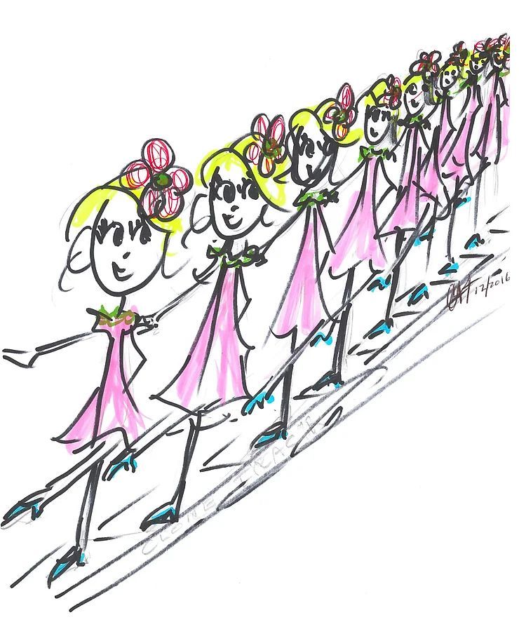 A drawing of a row of little girls in pink dresses holding hands.