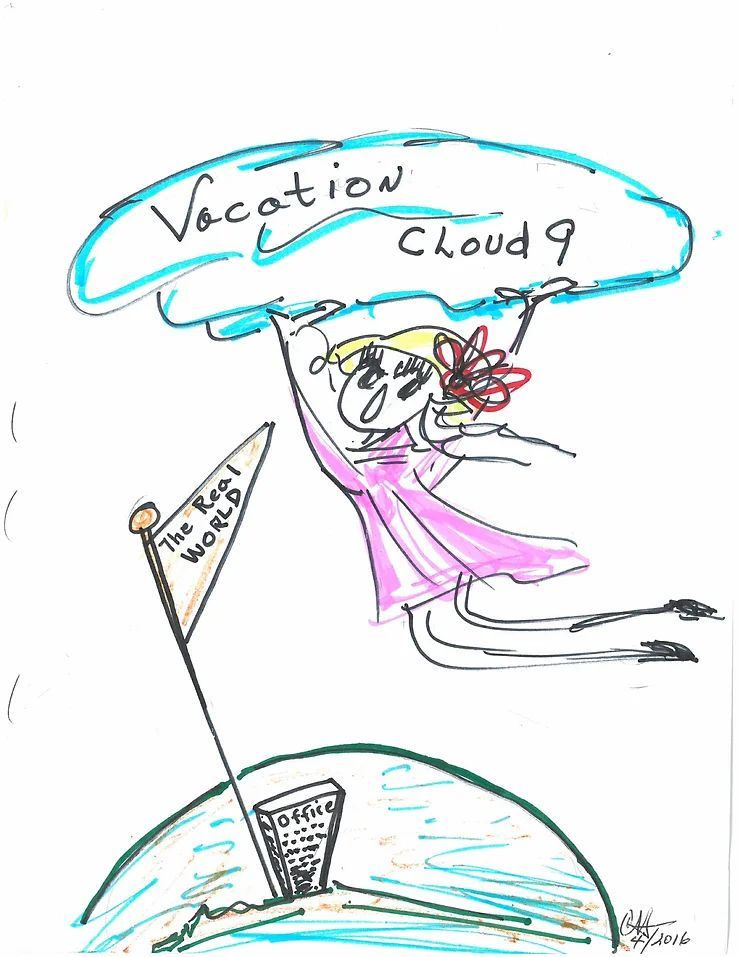A cartoon of a woman flying through a cloud holding a flag.