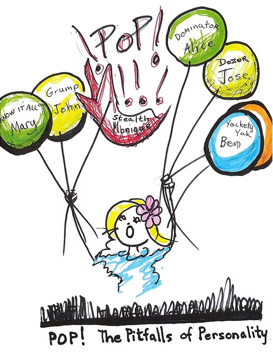 A drawing of a girl holding balloons that say pop