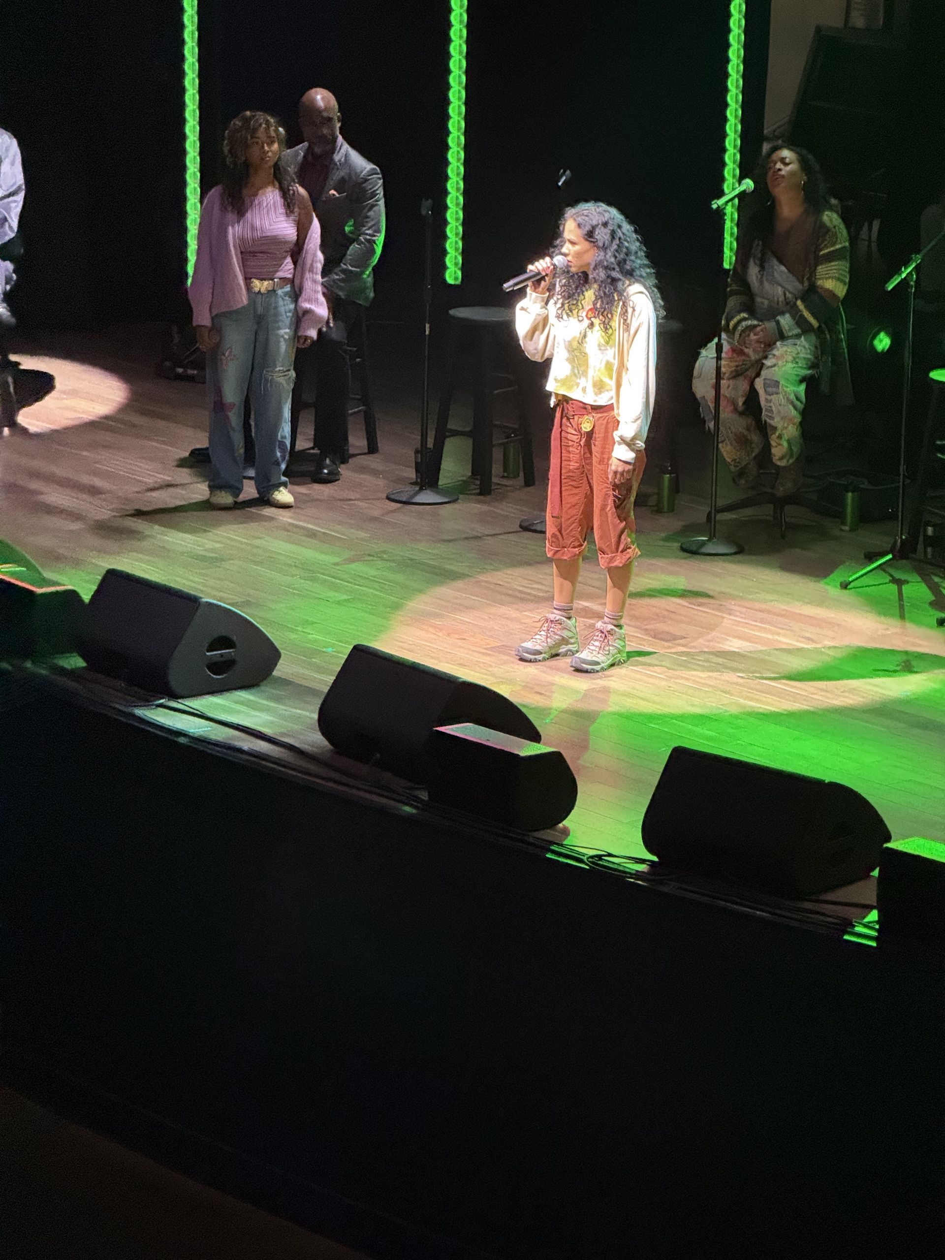 Singer on stage, singing into a microphone. Band members and audience in the background. Green stage lighting.