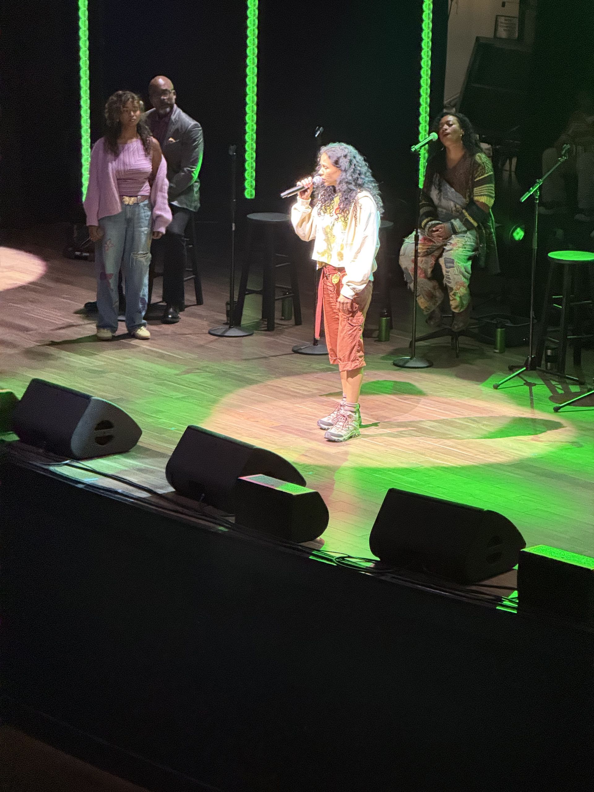 Singer on stage with band, spotlights, green stage lights, holding microphone.