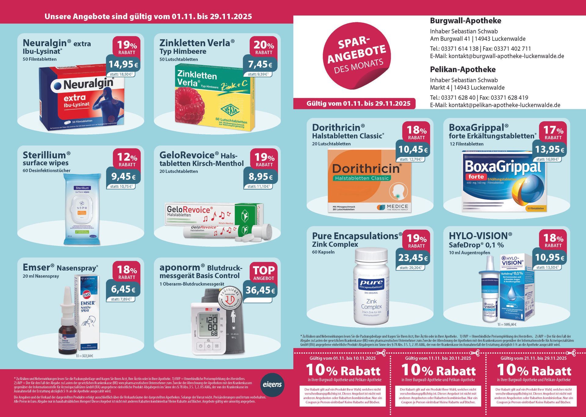 Werbeflyer mit Medikamentenpackungen und Preisen. Inklusive 10% Rabatt.