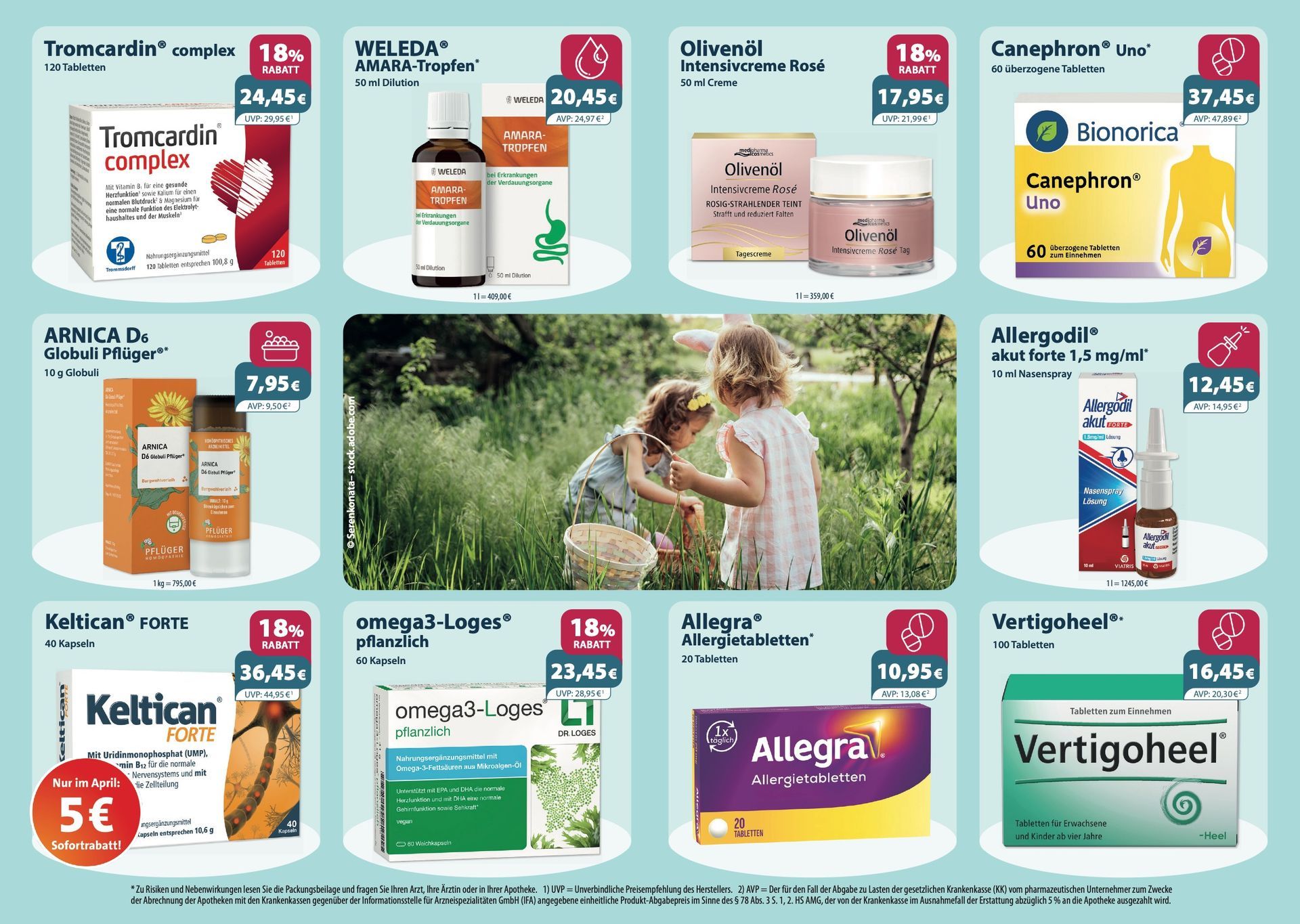 Sortiment rezeptfreier Medikamente mit Rabattetiketten, mit zwei Igeln inmitten von Herbstlaub.