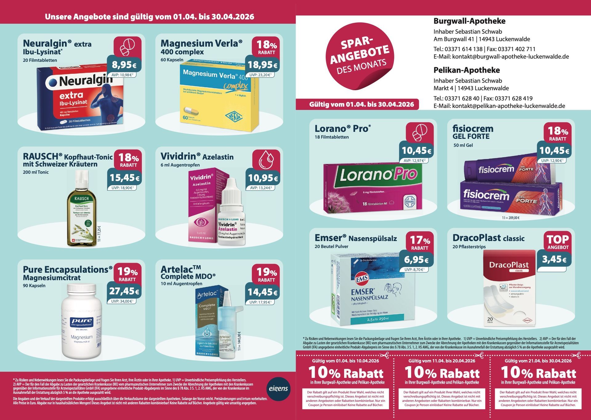 Werbeflyer mit Medikamentenpackungen und Preisen. Inklusive 10% Rabatt.