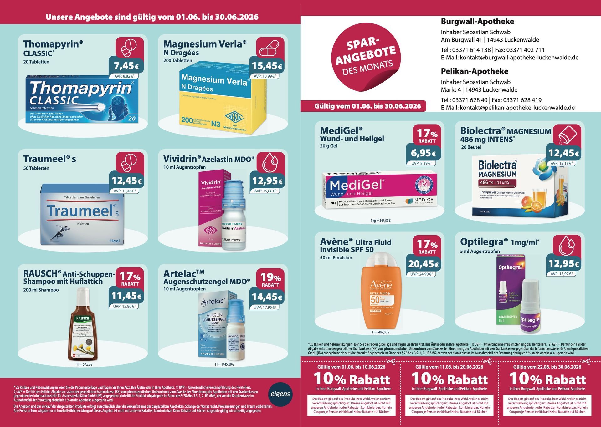 Werbeflyer mit Medikamentenpackungen und Preisen. Inklusive 10% Rabatt.