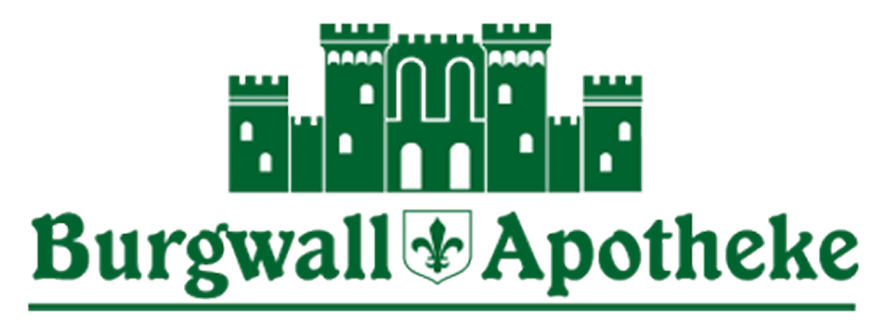 Grünes Logo der Burgwall Apotheke mit einer Burgillustration.