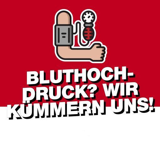 Arm mit Blutdruckmanschette und Pumpe, darüber deutscher Text: „Hoher Blutdruck? Wir kümmern uns!“