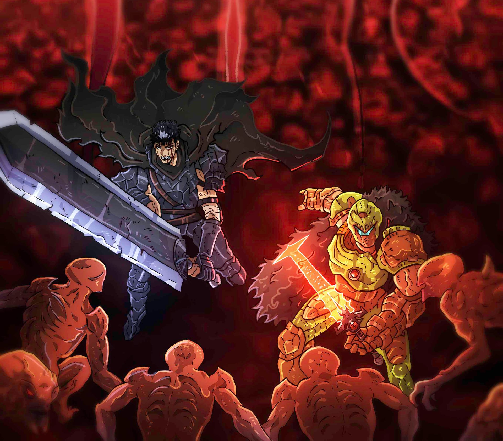 Guts from Berserk faces Doom Slayer. Both wield swords in a hellish landscape, surrounded by demons.