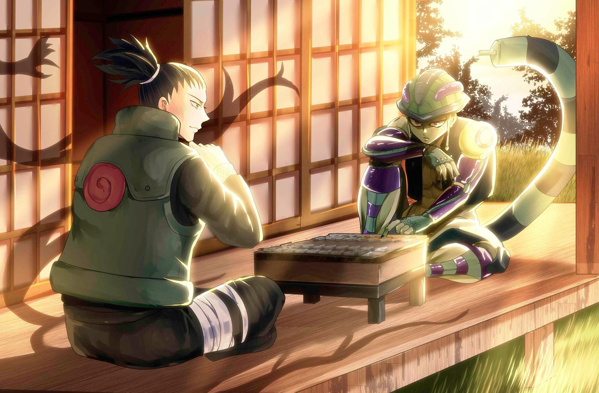 Shikamaru and Meruem playing a board game on a wooden porch, lit by sunlight.
