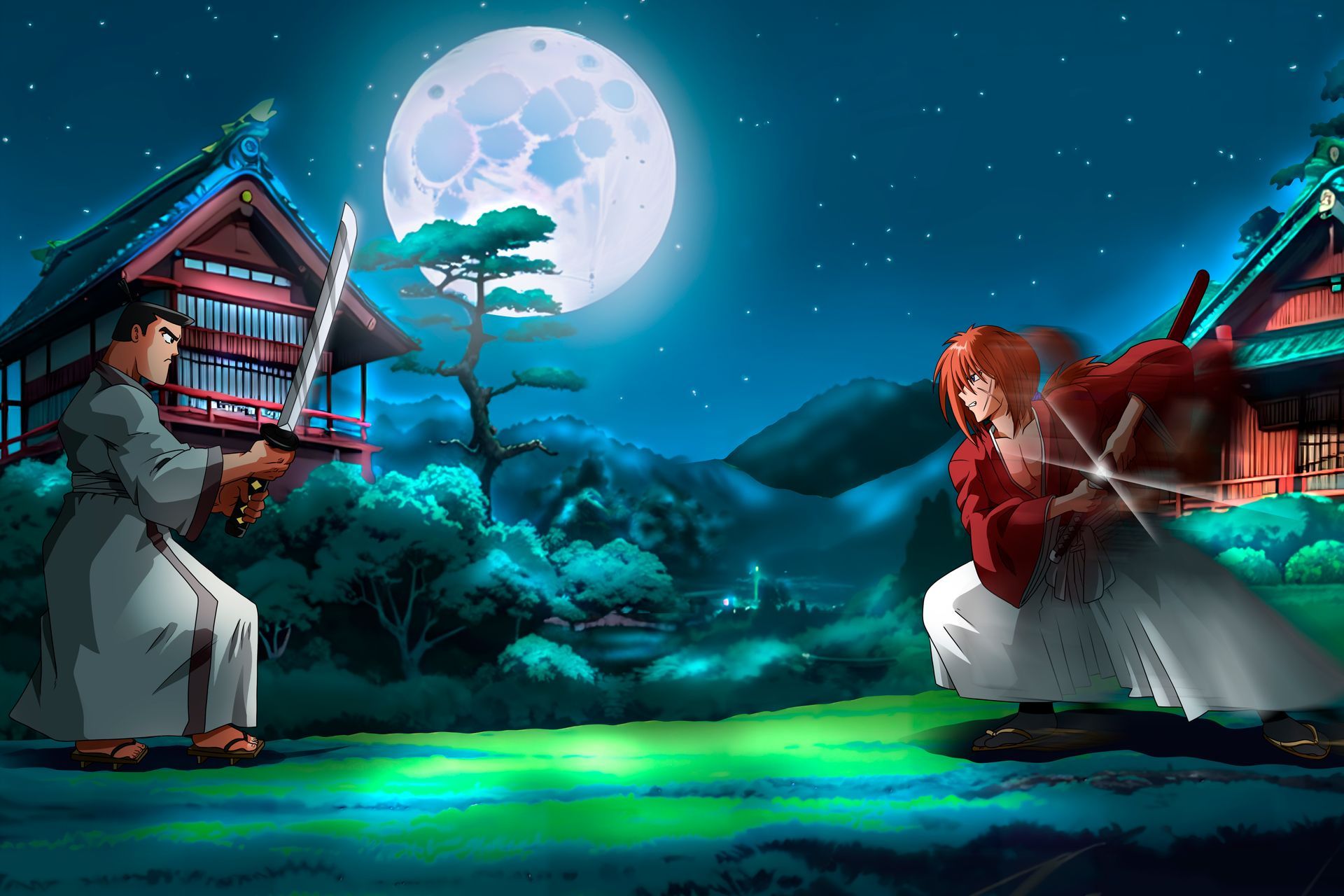 Two swordsmen face off at night under a full moon, wielding swords in a Japanese village.