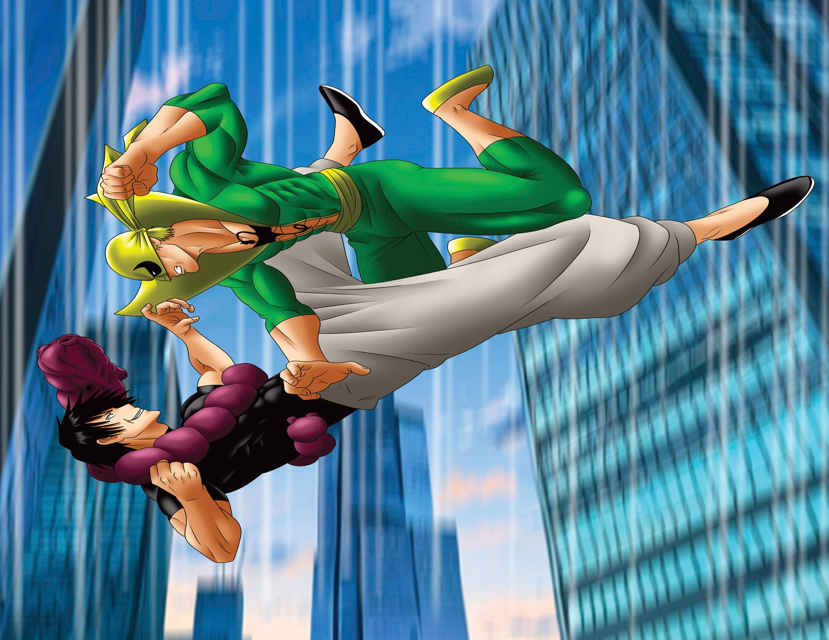 Two figures in mid-air martial arts fight against a backdrop of skyscrapers; one in green, one in purple.