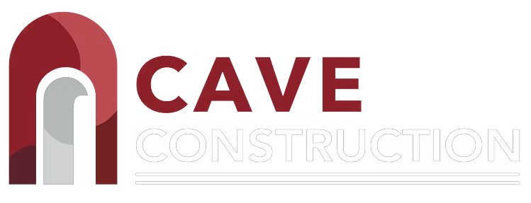 Logo for Cave Construction featuring a red and gray arch design, with "CAVE" in red above "CONSTRUCTION" in gray.