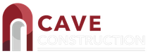 Logo for Cave Construction featuring a red and gray arch design, with "CAVE" in red above "CONSTRUCTION" in gray.