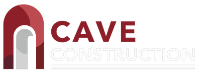 Logo for Cave Construction featuring a red and gray arch design, with "CAVE" in red above "CONSTRUCTION" in gray.
