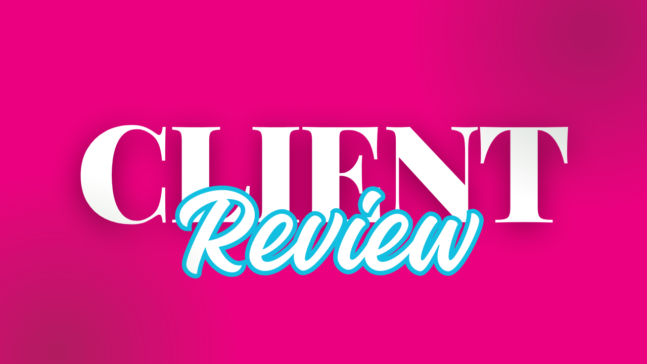 A pink background with the words client review written on it.