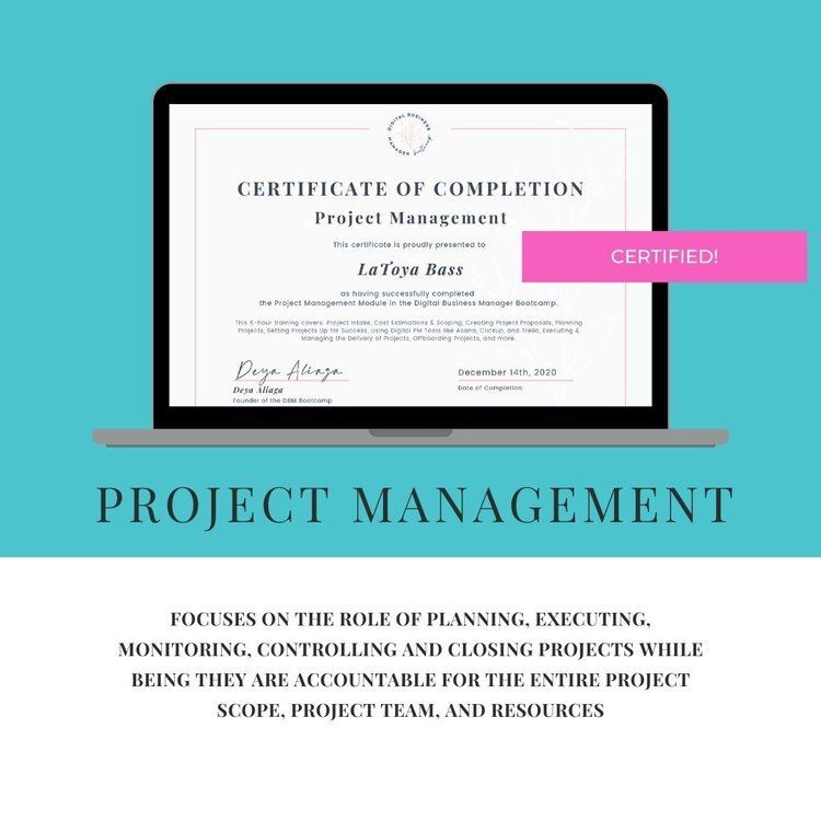 A certificate of completion for project management is on a laptop screen