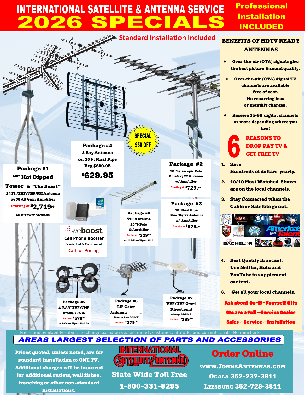 A flyer for international satellite and antenna service 2026 specials