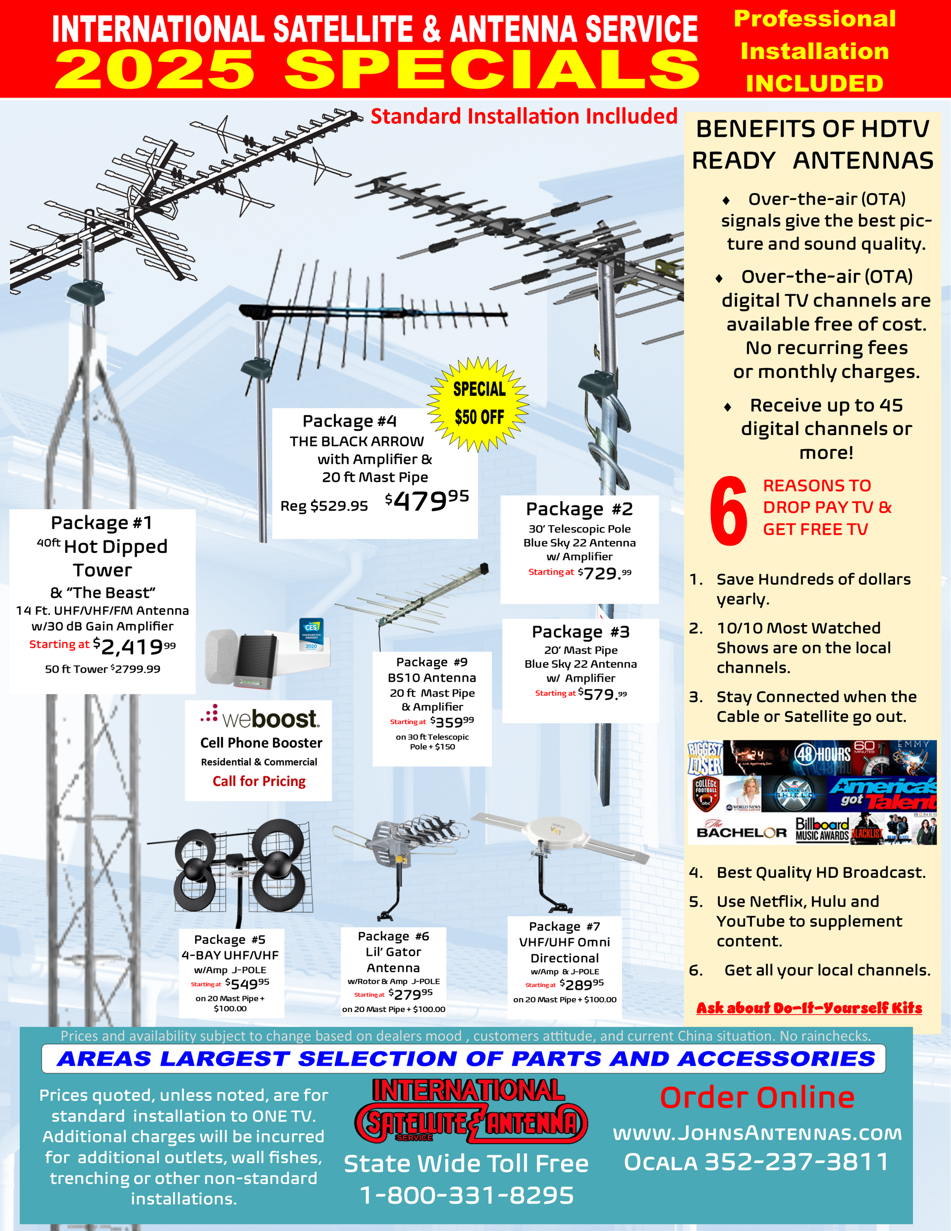 A flyer for international satellite and antenna service 2024 specials