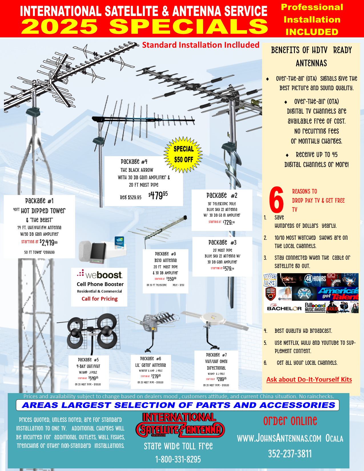 A flyer for international satellite and antenna service 2025 specials