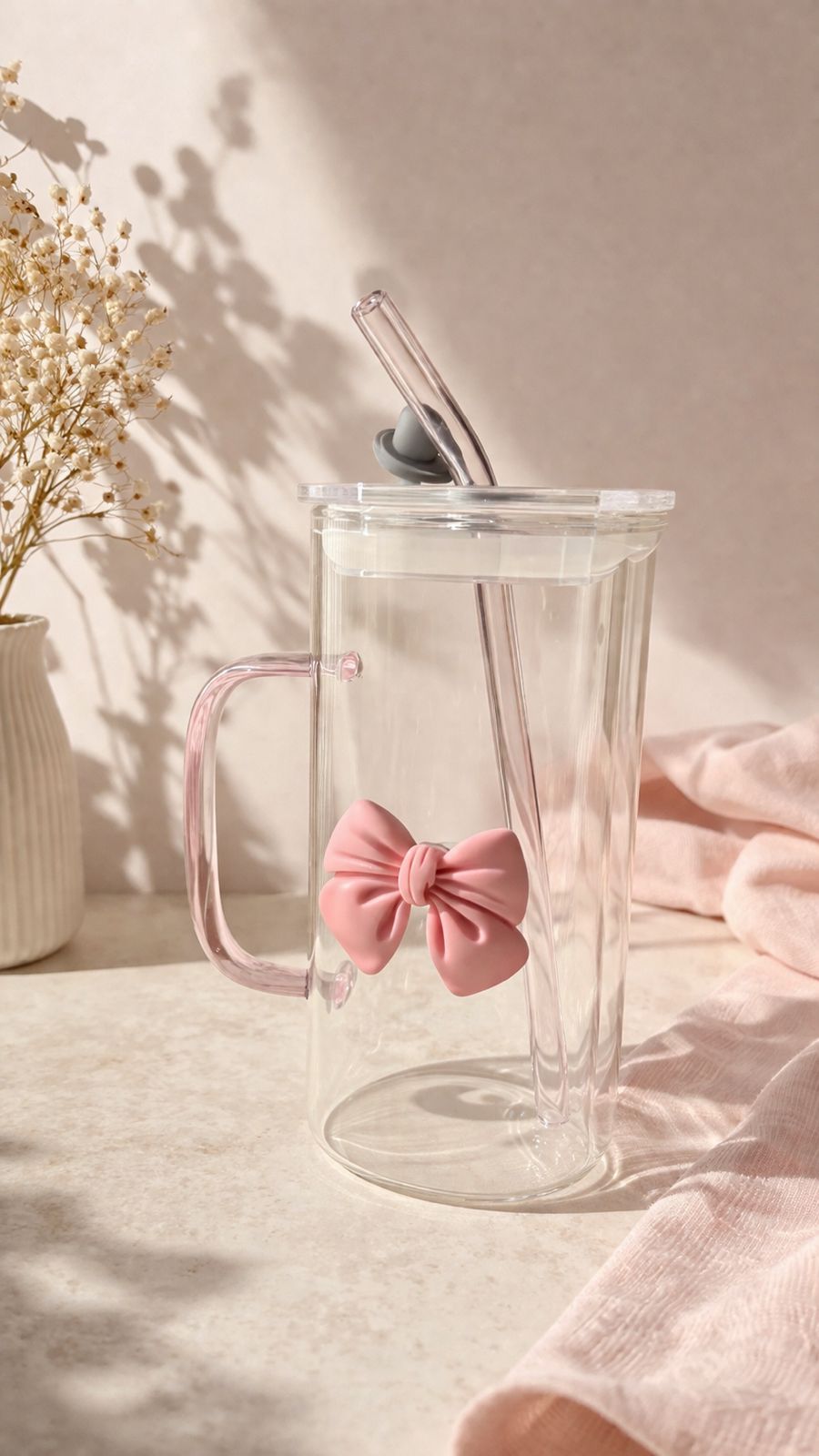 Vaso de cristal transparente con detalle de lazo rosa y pajita de metal sobre una mesa de color rosa suave.