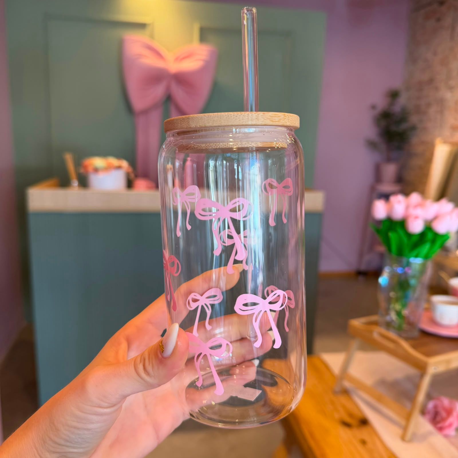 vaso con sorbete vidrio lazos