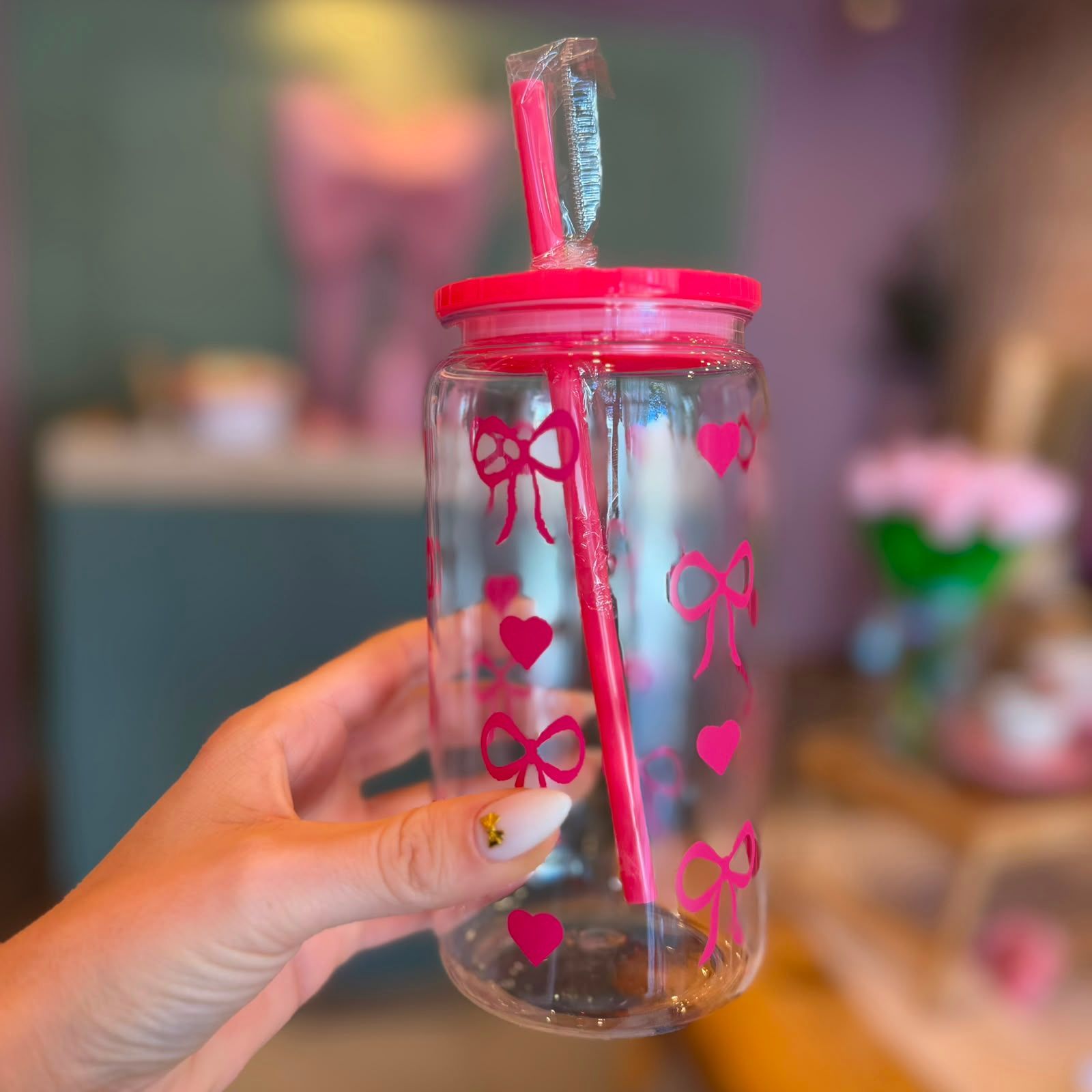 vaso con sorbete acrilico fuscia
