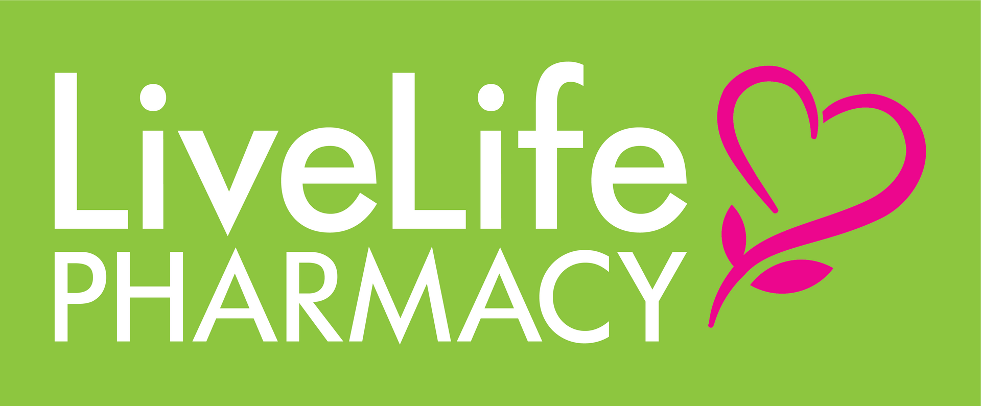 The logo for livelife pharmacy is green and white with a pink heart.