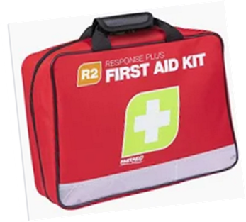 A red first aid kit with a green cross on it.