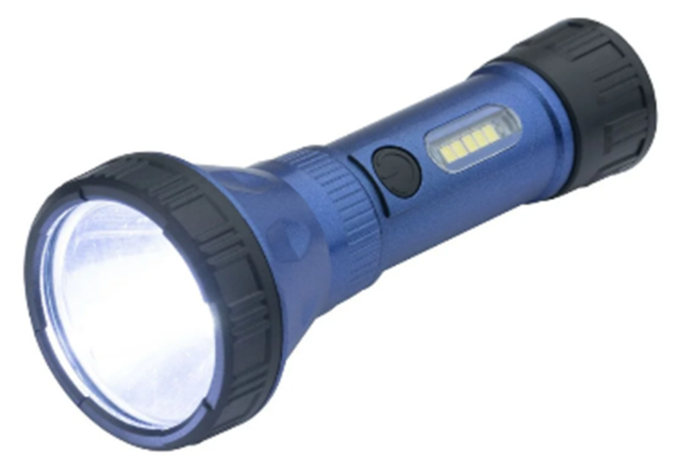 A blue flashlight with a white light on the front