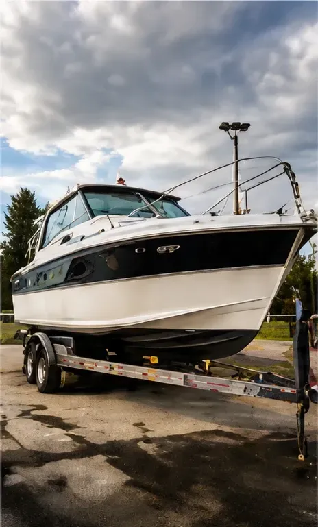 White and black motorboat on a trailer in a parking lot under cloudy skies