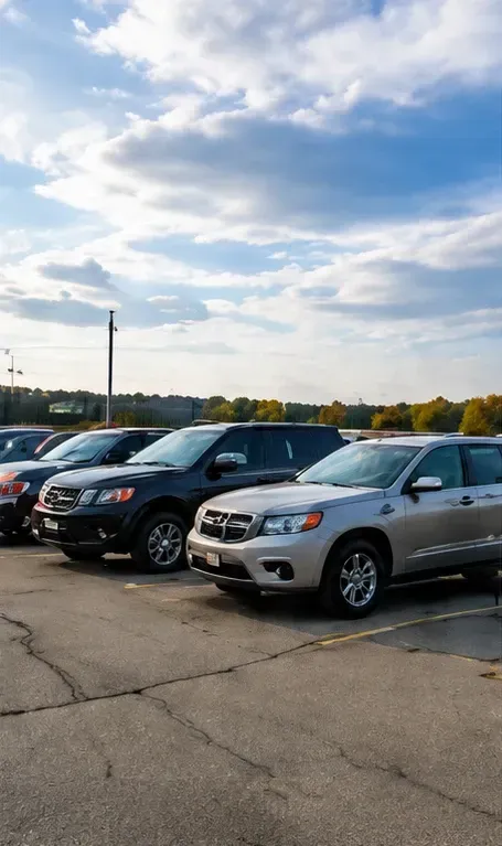 Row of parked cars in a lot under a partly cloudy sky