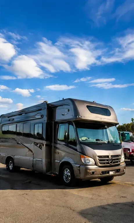 Silver motorhome parked on pavement under a blue sky with clouds