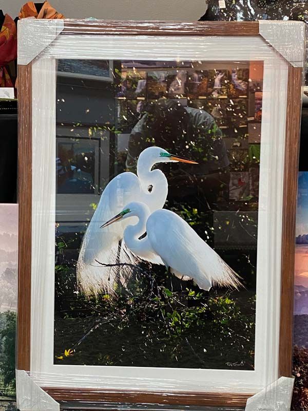 White herons in a dark floral painting displayed in a wood-framed case