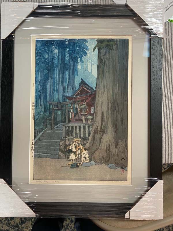Framed Japanese-style painting of a shrine path with a large tree and two small figures in a forest setting