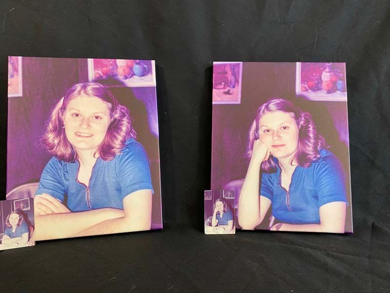 Two framed portraits of a smiling person in a blue shirt against a black backdrop