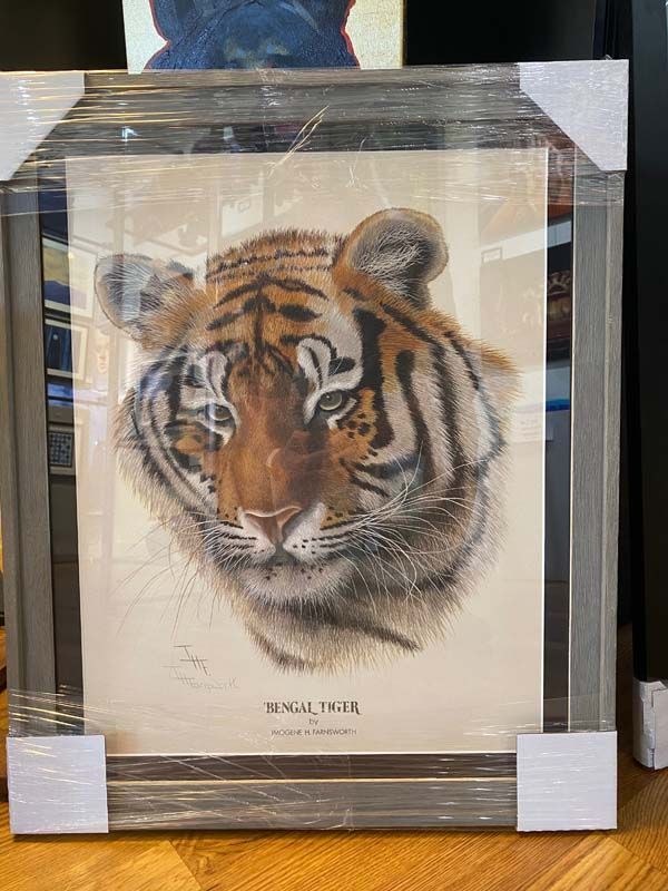 Framed tiger portrait print in a display case, with black-and-orange tiger face centered on a beige background