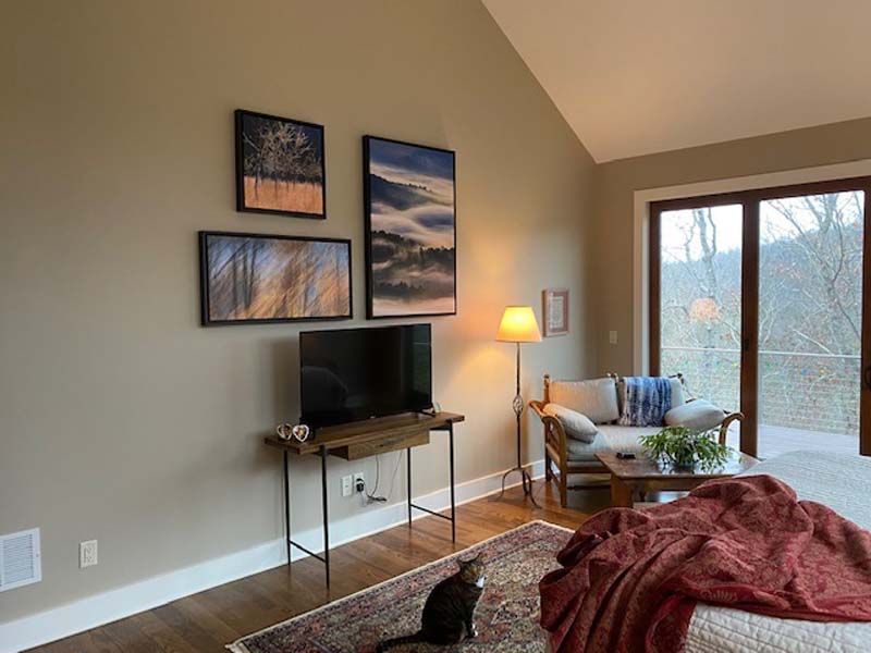 Cozy living room with TV, lamp, chair, wall art, and large windows overlooking trees