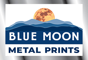 Blue Moon Metal Prints logo with blue mountains and an orange moon over a white background
