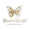Butterfly mosaic logo with “Blessed and Beautiful” and “Custom Collective” text in gold and beige