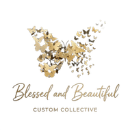 Butterfly logo with gold and beige butterflies above “Blessed and Beautiful” Custom Collective text