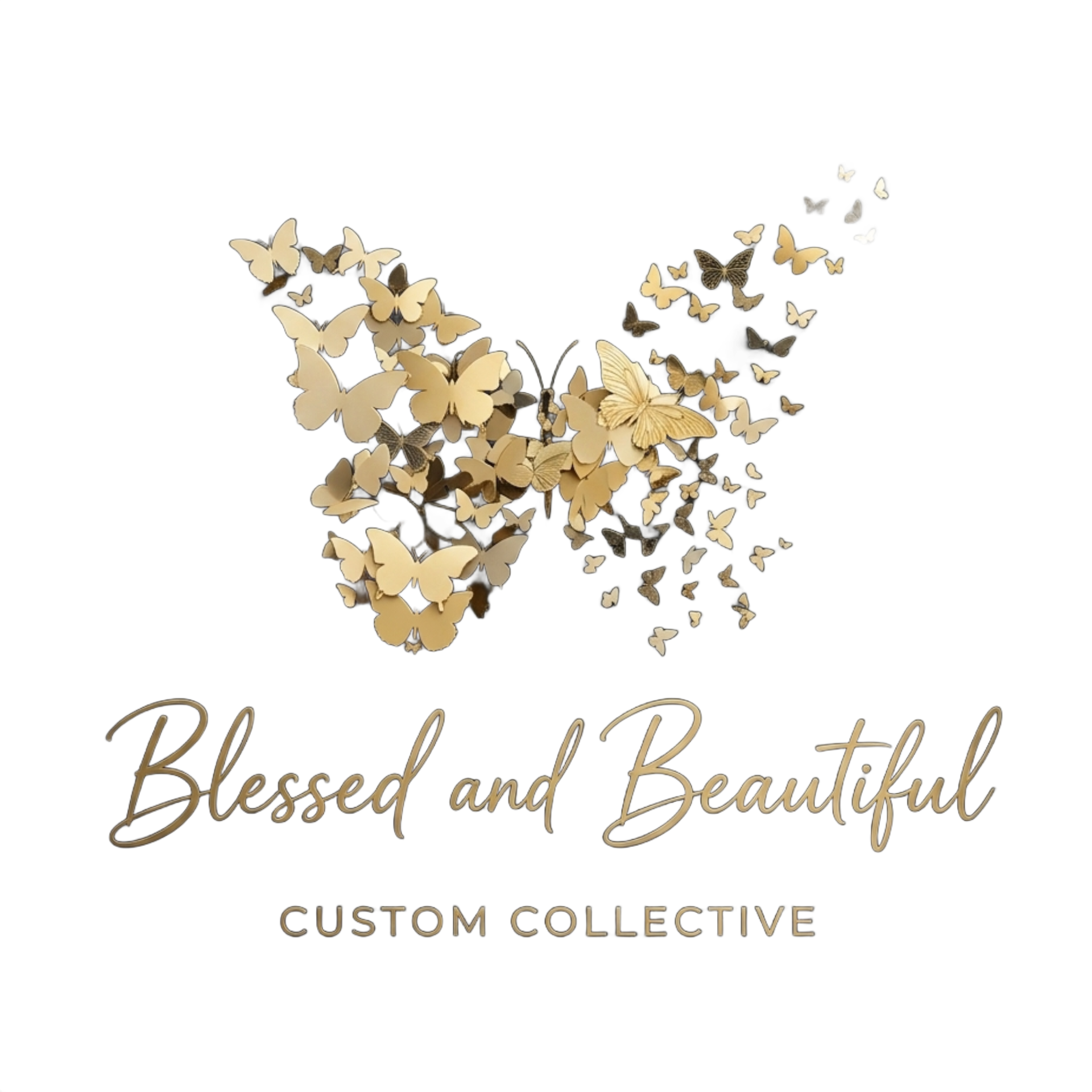 Butterfly mosaic logo with “Blessed and Beautiful” and “Custom Collective” text in gold and beige