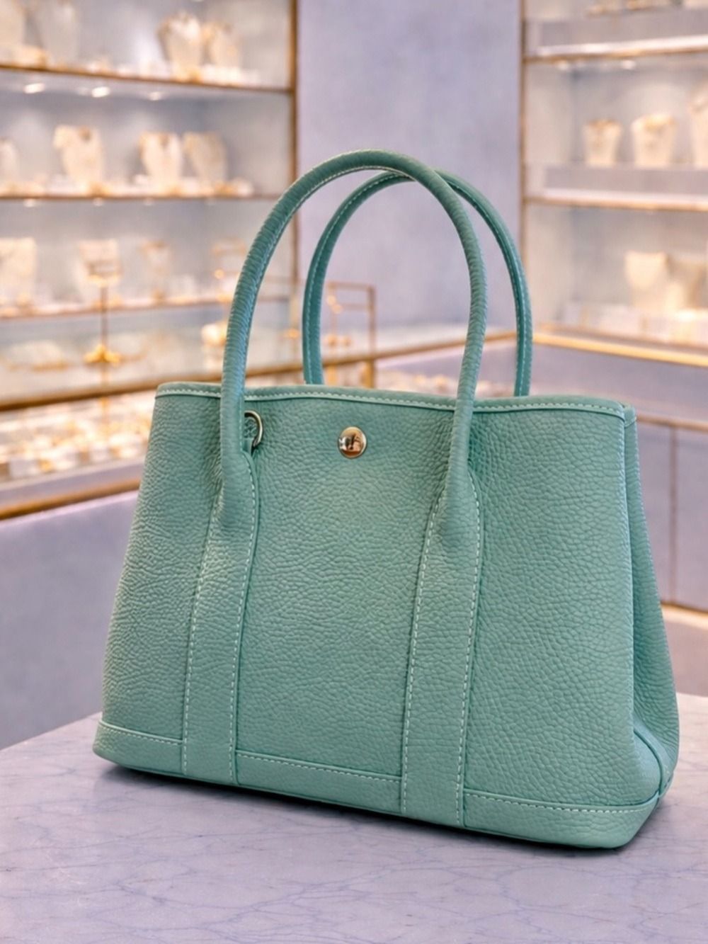 Mint green handbag on a table in a softly lit shop display.