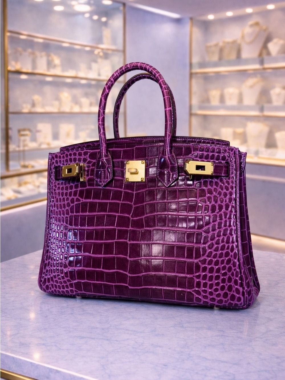 Purple crocodile-embossed handbag with gold hardware on a display table in a boutique